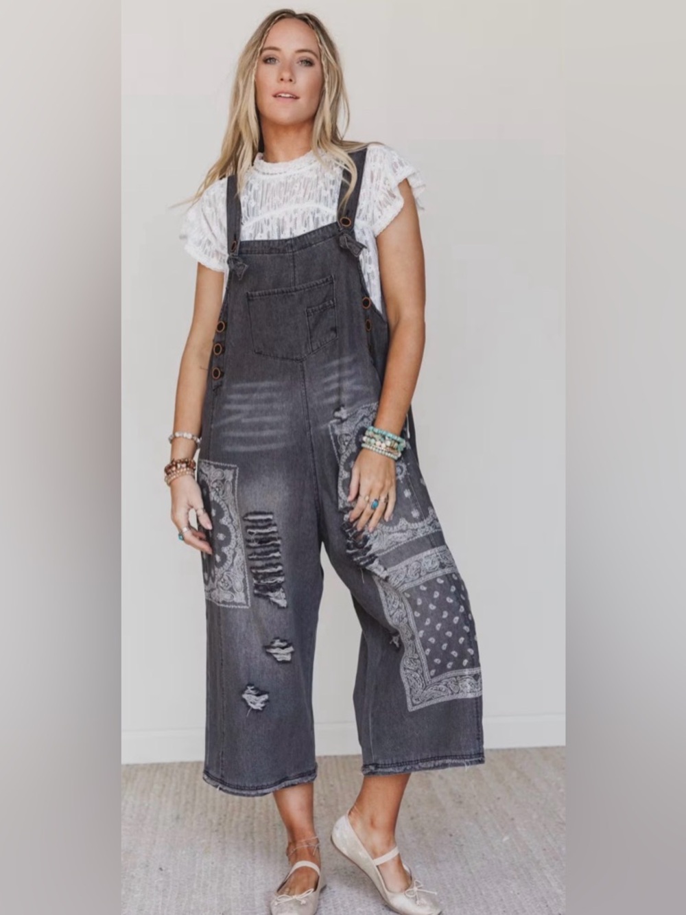 Three Bird Nest Washed Black Distressed Bandana Patch Overalls